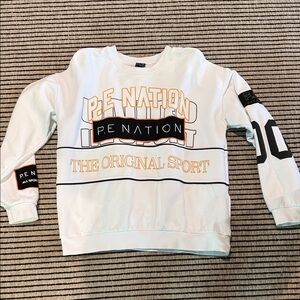 P.E NATION White Crewneck Sweatshirt with Black & Gold Graphics